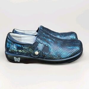 40 Alegria Kara Oceanic Blue Black Leather Clog Nurse Doctor Loafer Women 9.5 10